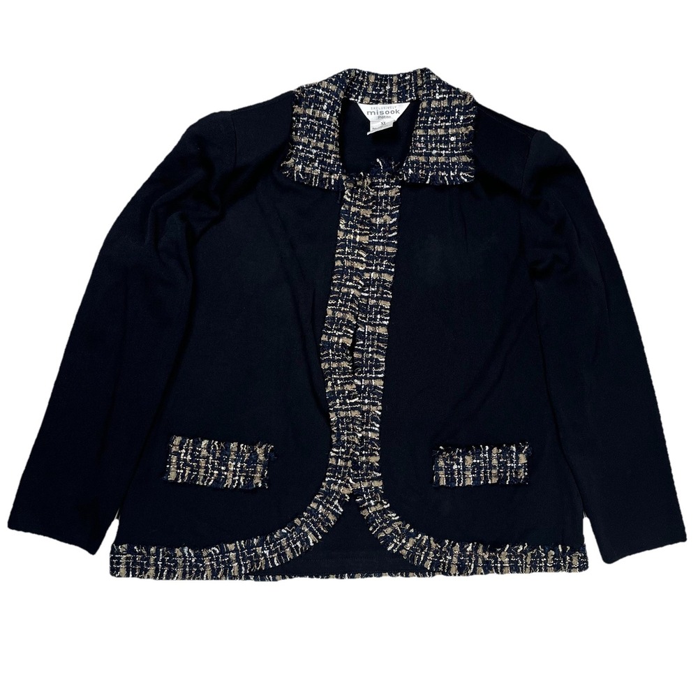 Exclusively Misook Women's Black Acrylic‎ Blazer Jacket Sz XL Petite Tweed Trim